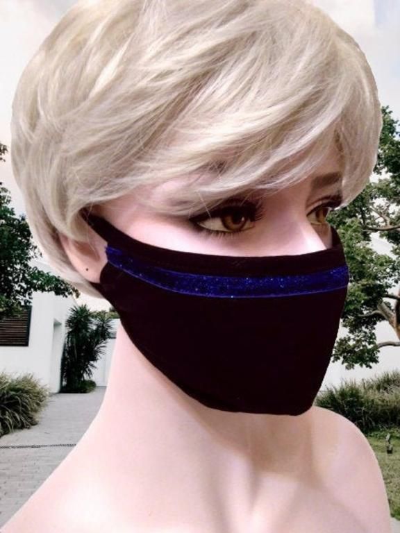 Черная трикотажная маска с блестящей синей полоской, двухслойная эластичная многоразовая маска - фото фото фото 4
