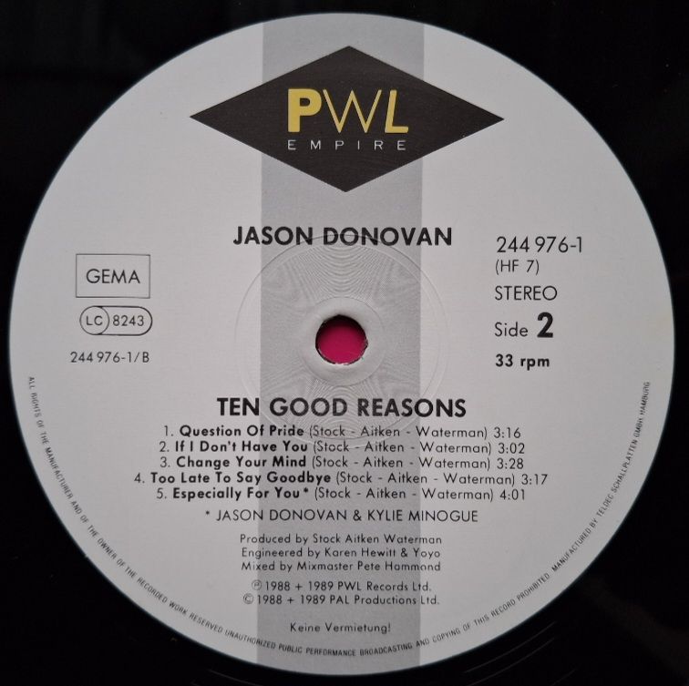 Jason Donovan - Ten Good Reasons - 1989.  (LP). 12. Vinyl. Пластинка. Germany. - фото фото фото 5