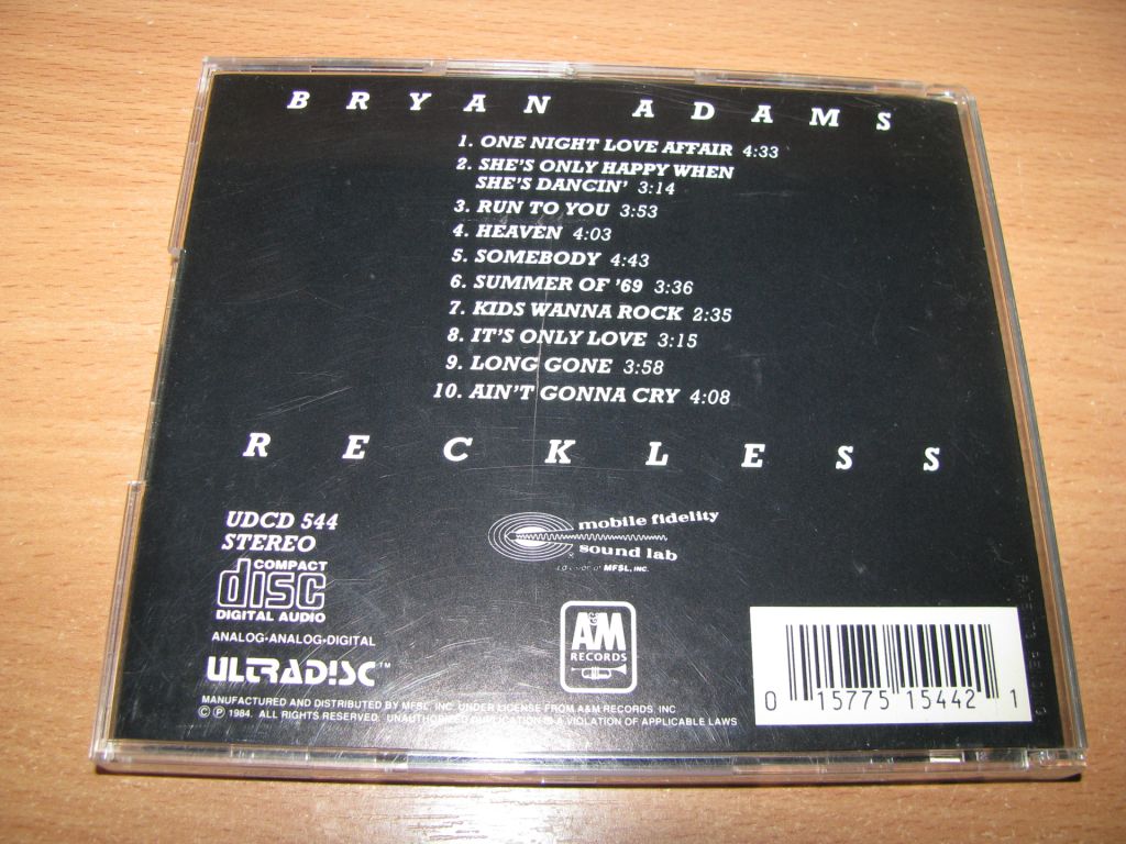 BRYAN ADAMS - Reckless  (1991 Mobile Fidelity Sound Lab 24Karat GOLD CD) - фото фото фото 1