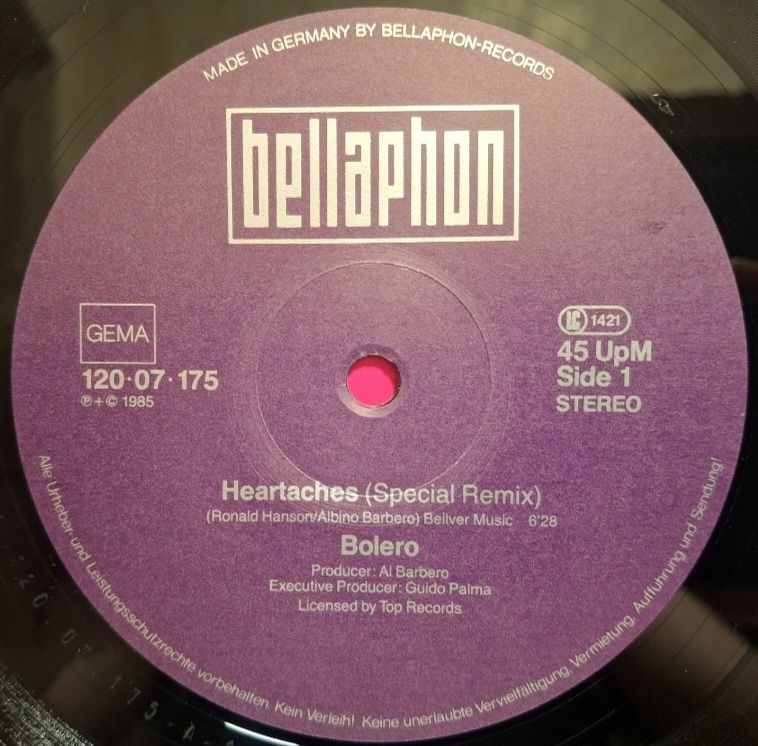 Bolero - Heartache - 1985.  (EP). 12. Vinyl. Пластинка. Germany. - фото фото фото 3