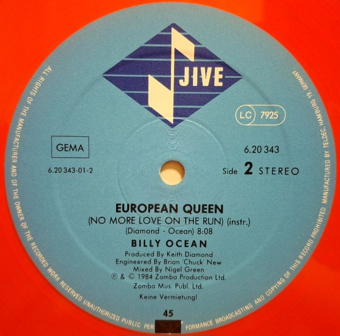 Billy Ocean - European Queen - 1984.  (EP). 12. Colour Vinyl. Пластинка. Germany. - фото фото фото 5