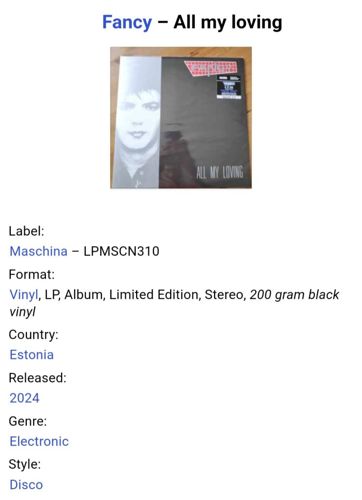 Fancy - All My Loving - 1989.  (LP). 12. Vinyl. Пластинка. Europe. S/S. - фото фото фото 3
