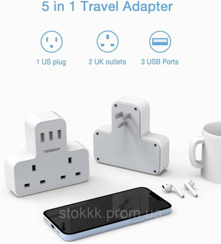 TESSAN Адаптер штекера Великобритания  США с 3 USB-портами Уценка - фото фото фото 4