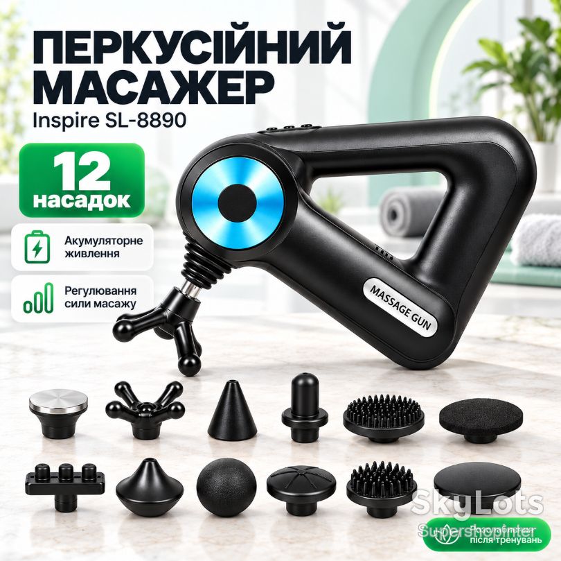Перкуссионный ручной массажер SL-8890 / Аккумуляторный массажный пистолет 12 насадок - фото фото фото 0
