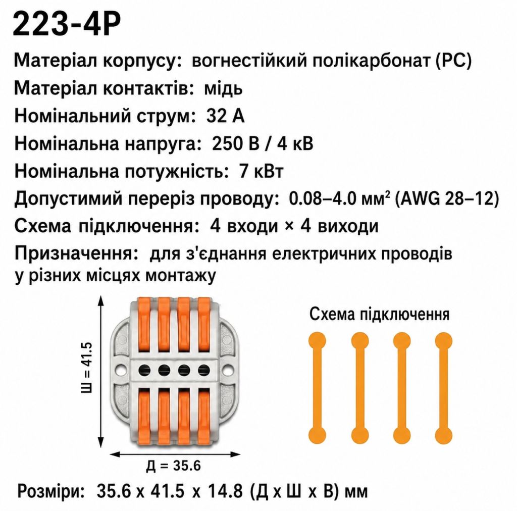 Клемна колодка прохідна для швидкого монтажу KV223-4P      (4×4), 32A , 4 входи 4 виходи - фото фото фото 3
