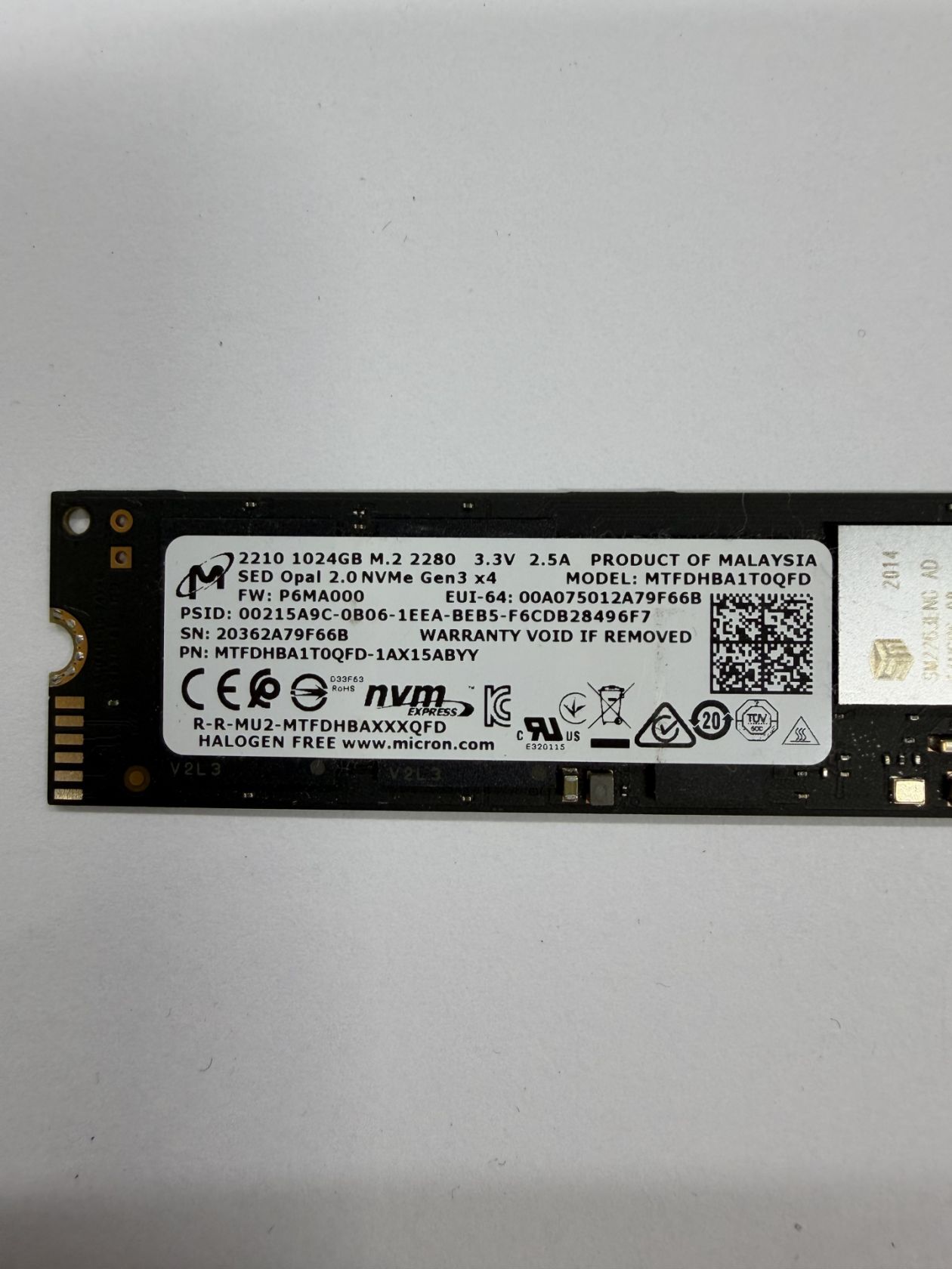 Накопичувач SSD Micron 2210 NVMe 1024Gb Gen3x4  (  MTFDHBA1T0QFD ) - робочий - фото фото фото 1