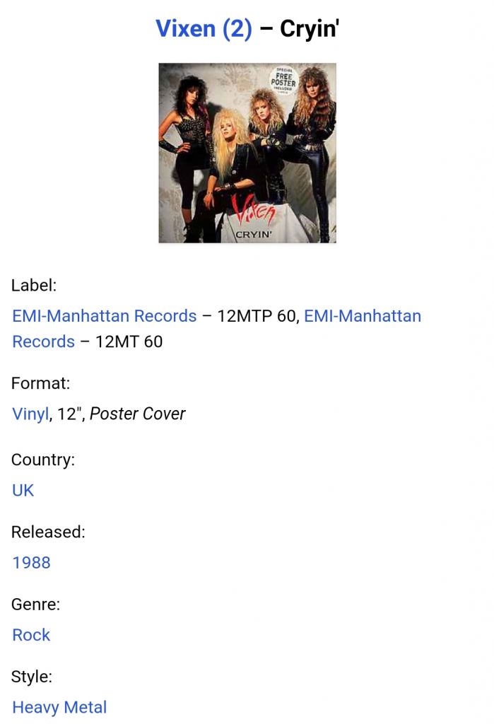Vixen - Cryin - 1988.  (EP) 12. Vinyl. Пластинка + Poster. England. - фото фото фото 6
