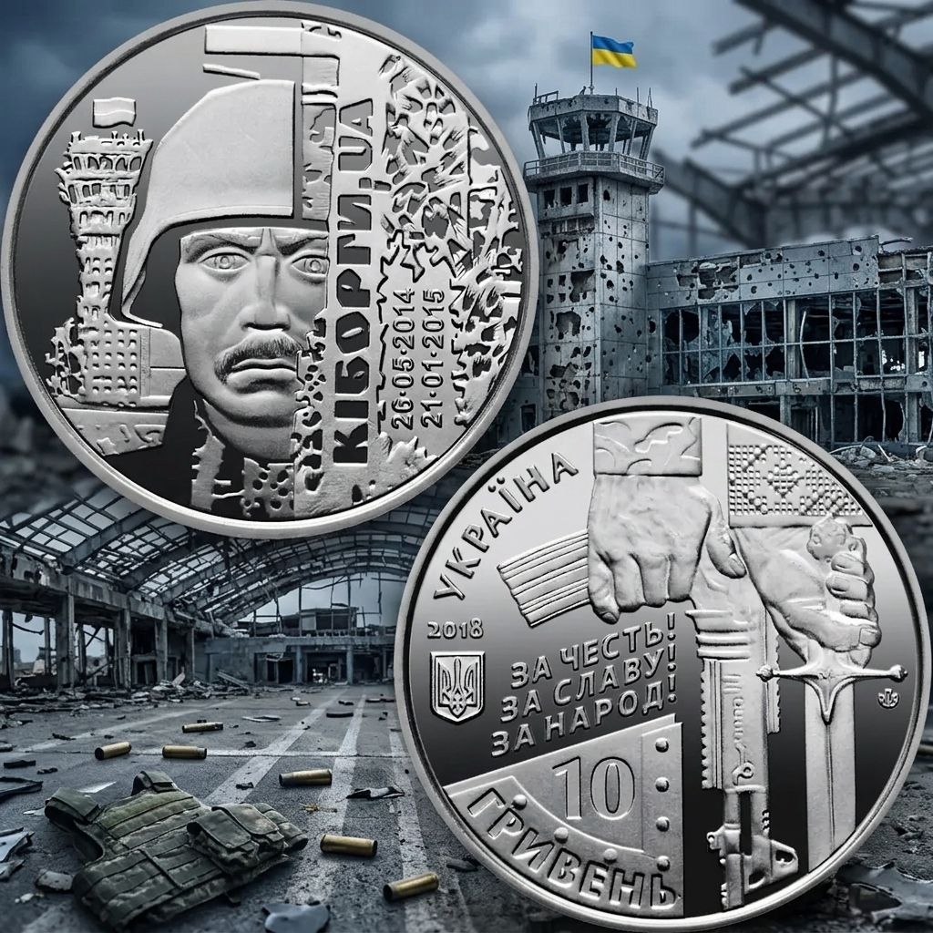 Пам'ятна монета 10 гривень: Захисникам Донецького аеропорту, кіборги  (з ролла) - фото фото фото 0