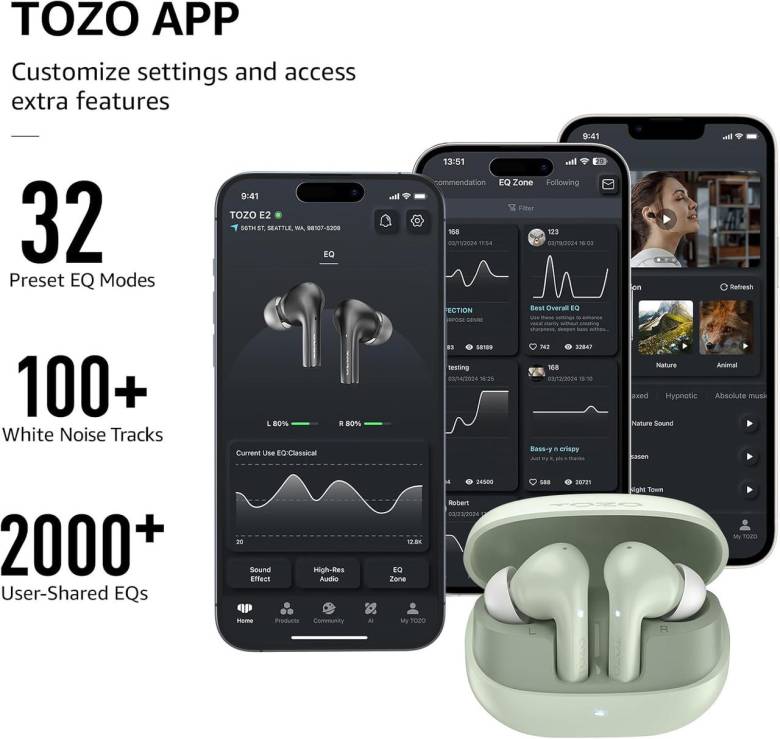 Беспроводные наушники TOZO E2 с 2 микрофонами Bluetooth 5.3 - фото фото фото 3