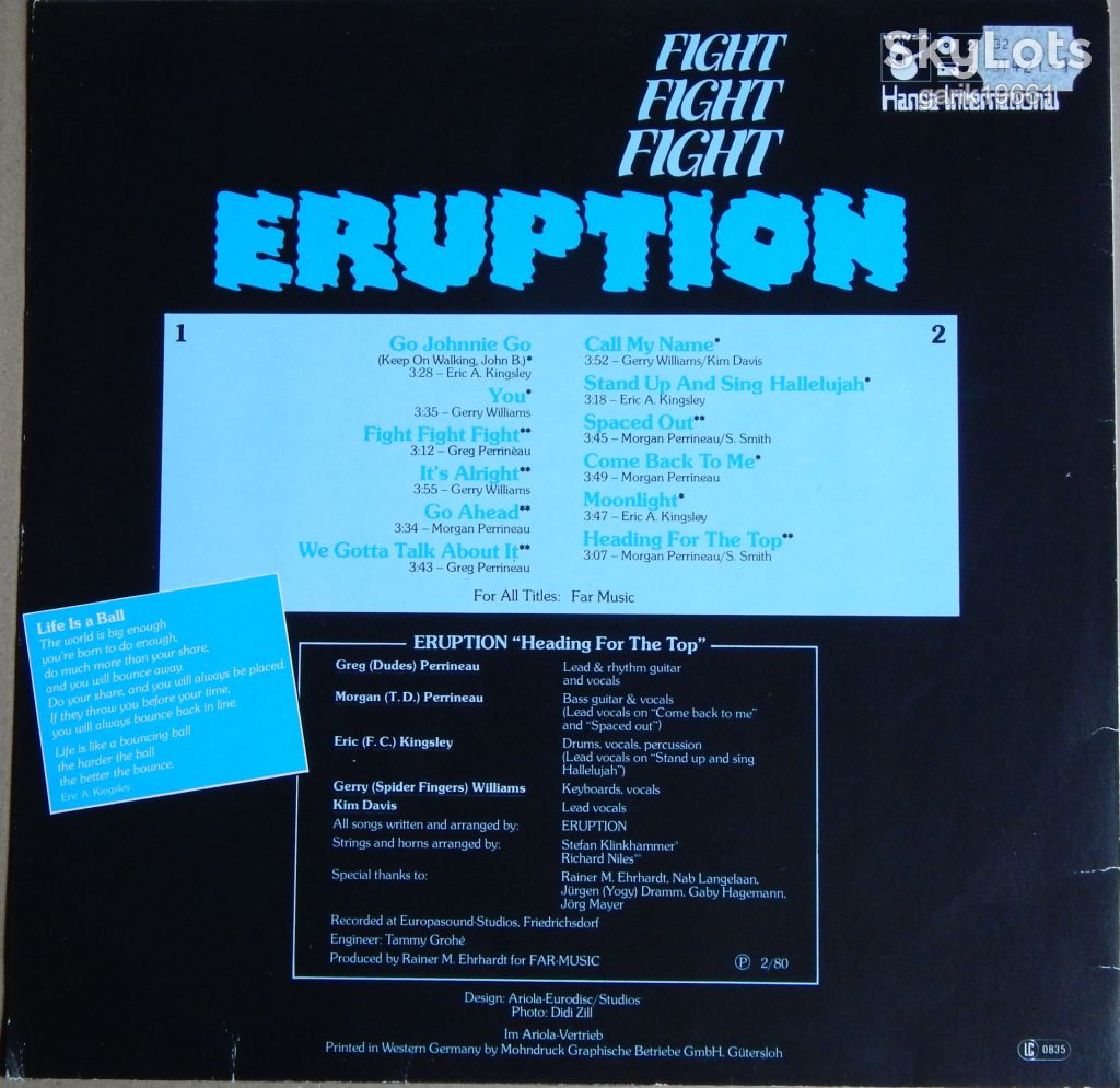 Eruption – Fight Fight Fight  (Hansa International – 201 716, Germany) EX+/NM- - фото фото фото 1