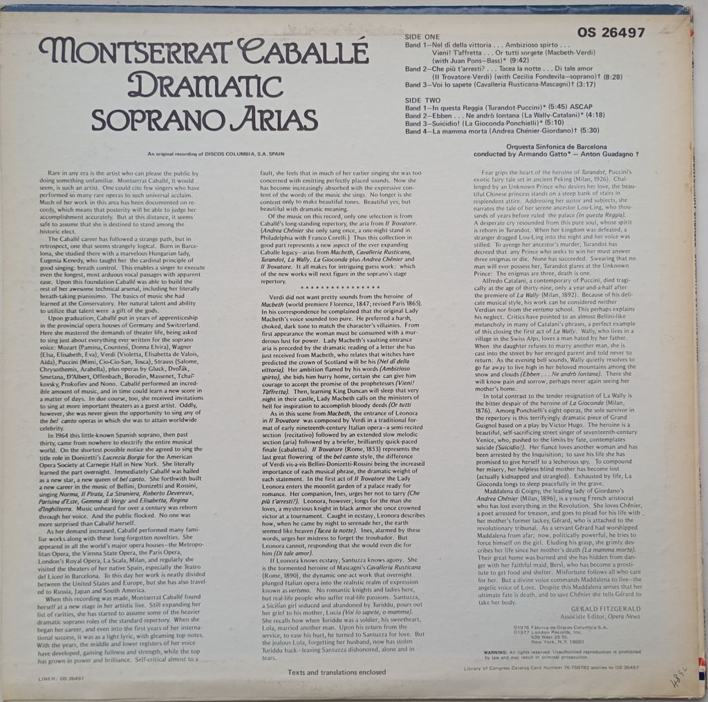 MONTSERRAT CABALLÉ Dramatic Soprano Arias LP Disc:VG/EX; Cover:VG++ - фото фото фото 1