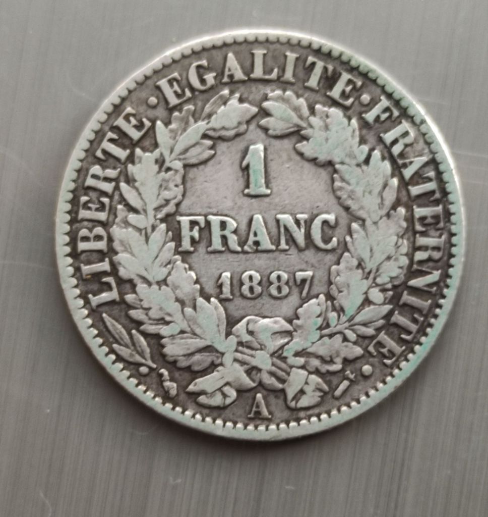 Монета 1 франк 1887 года серебро Церера       (богиня Урожая) оригинал Франция gk624 - фото фото фото 1