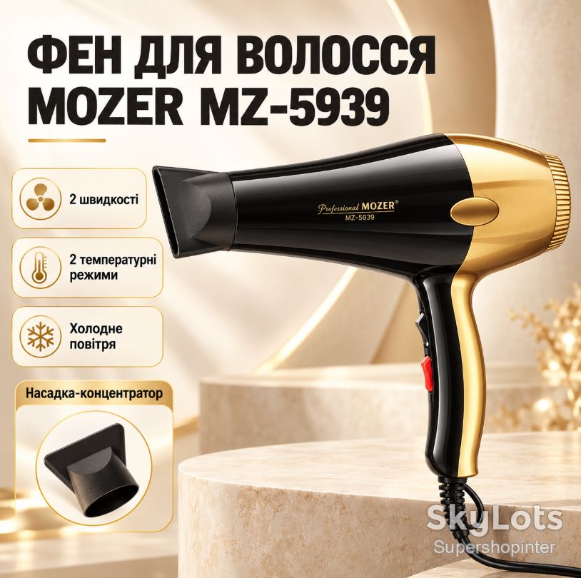 Фен для волос Mozer MZ-5939 Черный с золотистым - фото фото фото 0