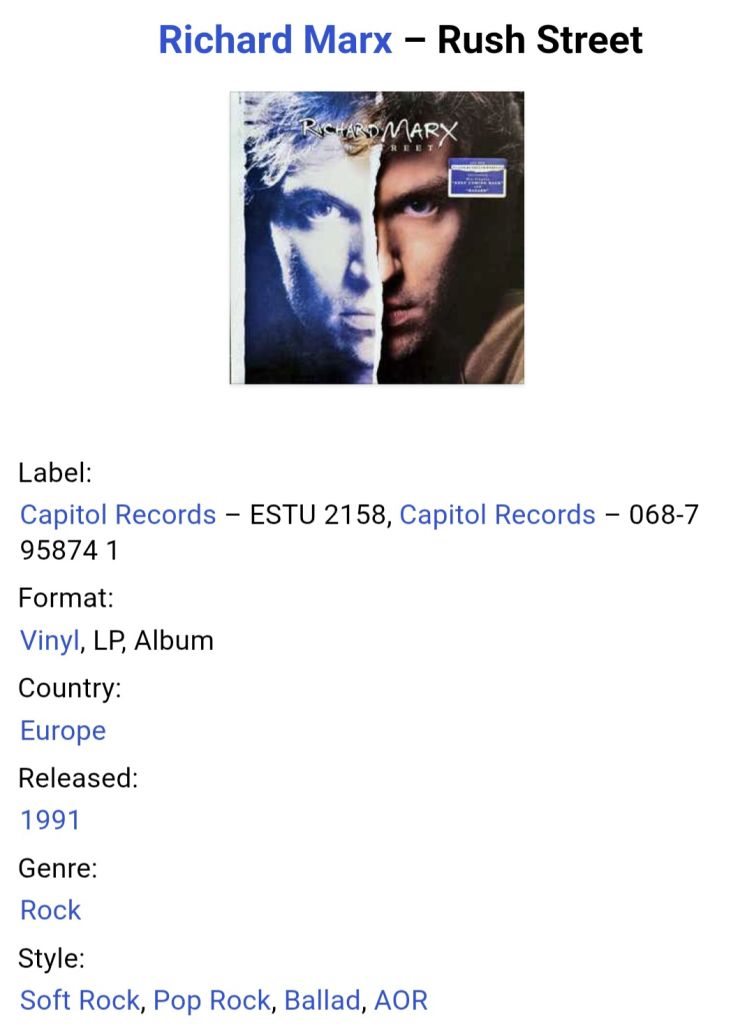Richard Marx - Rush Street - 1991.  (LP). 12. Vinyl. Пластинка. EEC. - фото фото фото 6