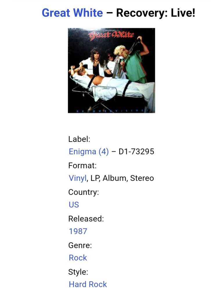 Great White - Recovery: Live! - 1983-86.  (LP). 12. Vinyl. Пластинка. USA. - фото фото фото 4