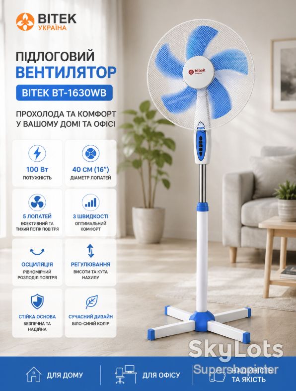 Вентилятор напольный BITEK BT-1630WB 100 Вт 40 см   (16| ) 5-лопастной бело-синий - фото фото фото 0