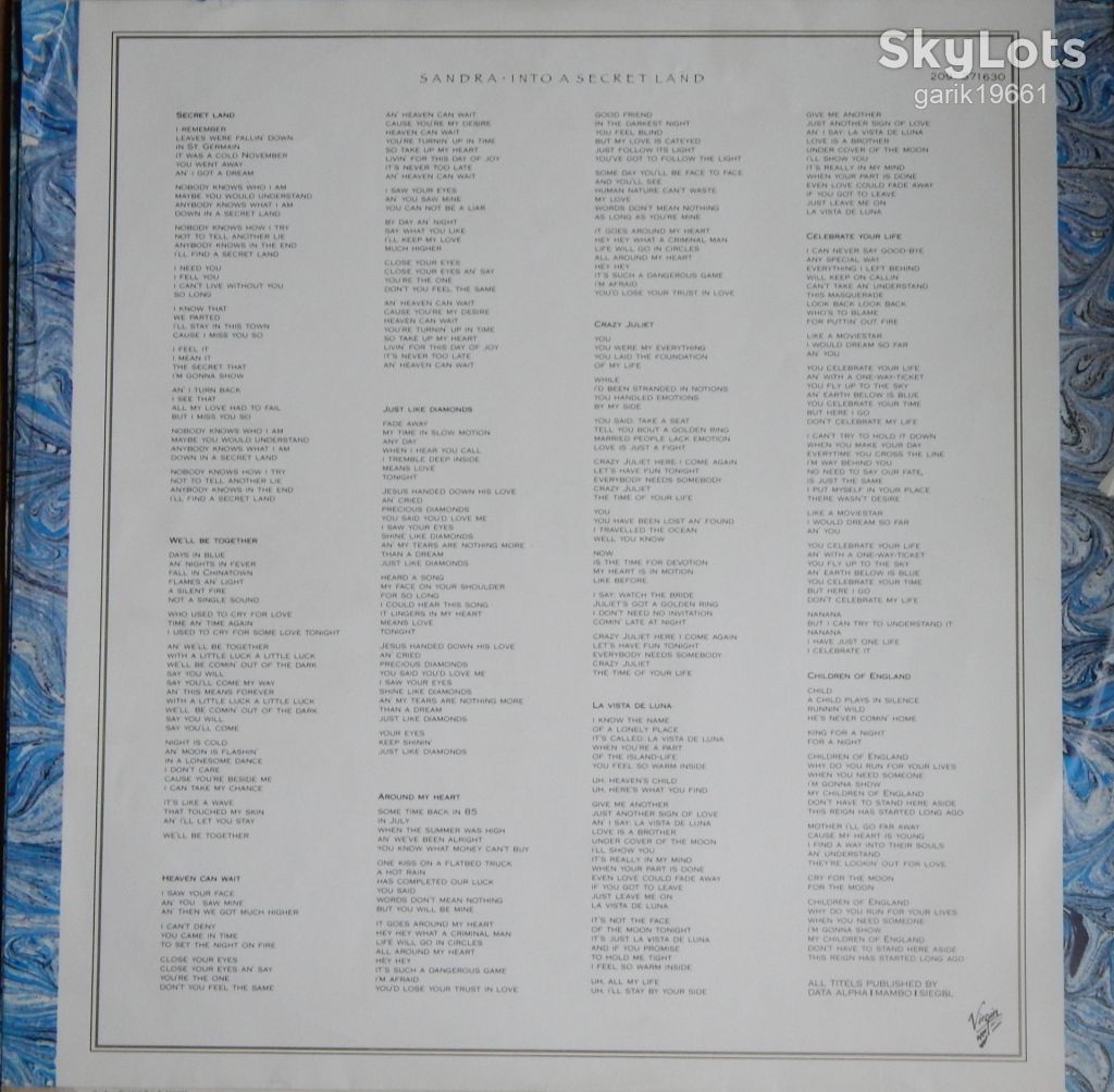 Sandra – Into A Secret Land   (Virgin – 209 371630, Italy) inner sleeve NM-/EX+ - фото фото фото 2