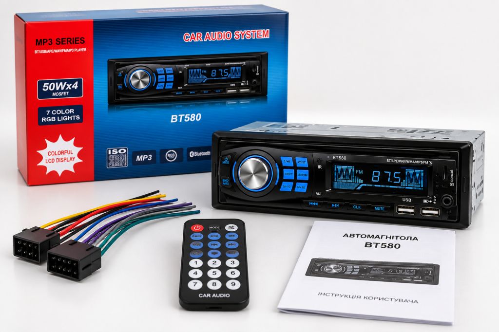 Автомагнітола MP3 580BT / Автомагнітола 1 DIN / Магнітола в авто з Bluetooth - фото фото фото 0