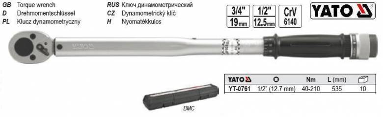 Ключ динамометрический YATO 1/2 40-210NM l535 мм YT-0761 - фото фото фото 0
