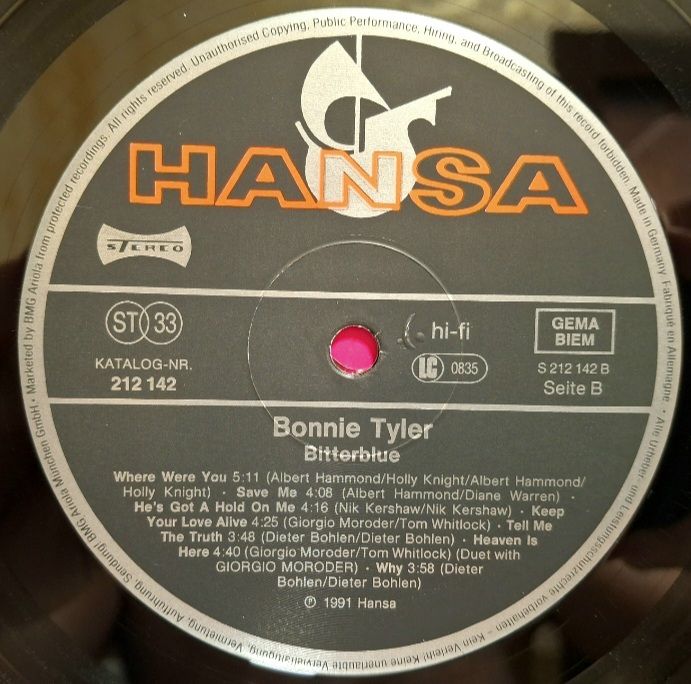 Bonnie Tyler - Bitterblue - 1991.   (LP). 12. Vinyl. Пластинка. Germany. - фото фото фото 5