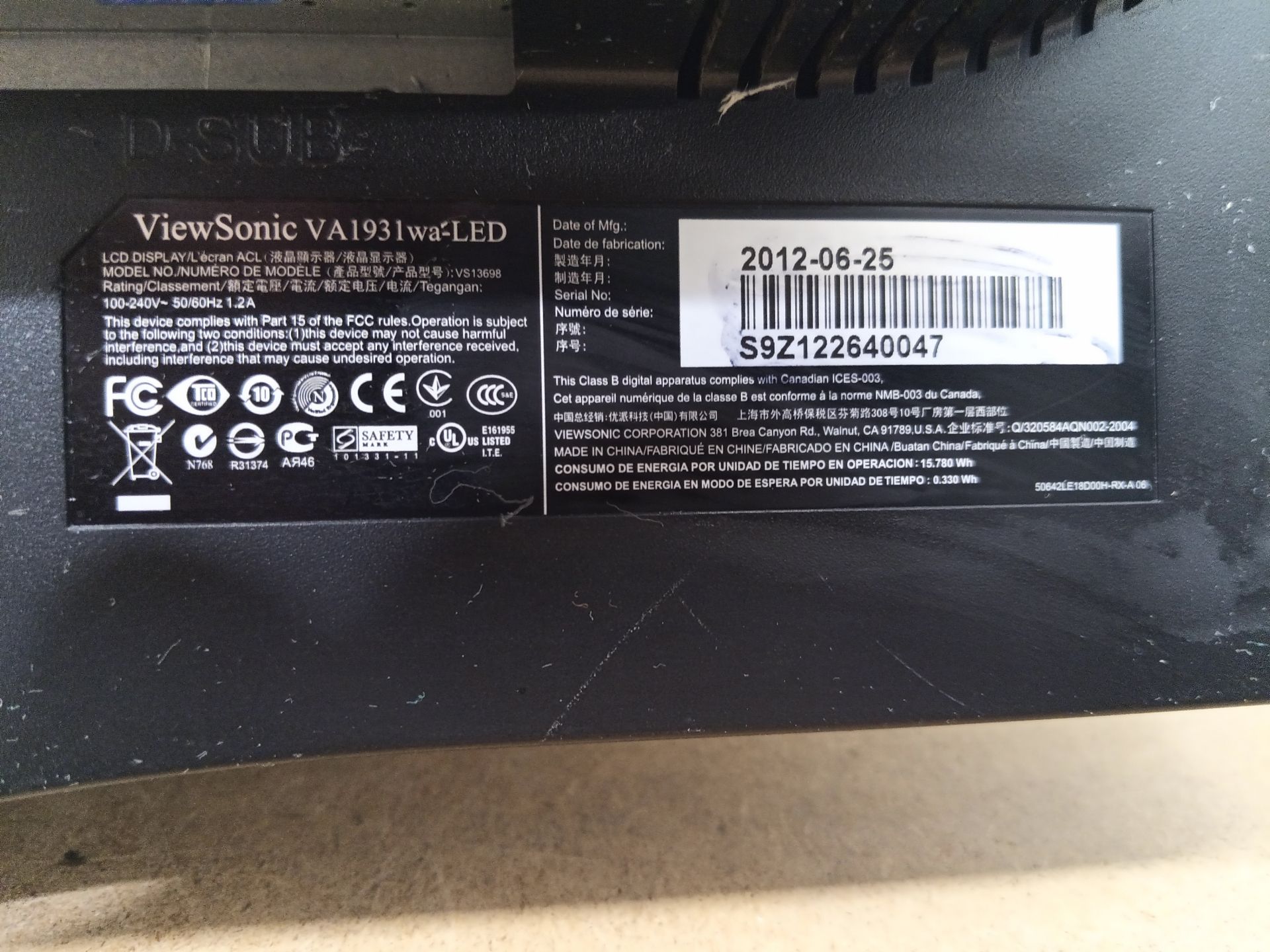 Б/У Монітор 19" ViewSonic VA1931WA -LED  (БЕЗ НОГИ)  код 9И - фото фото фото 4