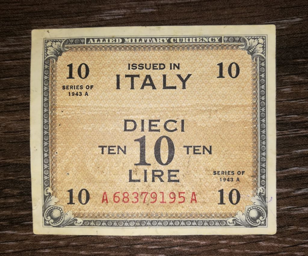 ITALY Италия 10 лир 1943 Союзническая оккупация. С потайным знаком, Forbs, Бостон. - фото фото фото 0