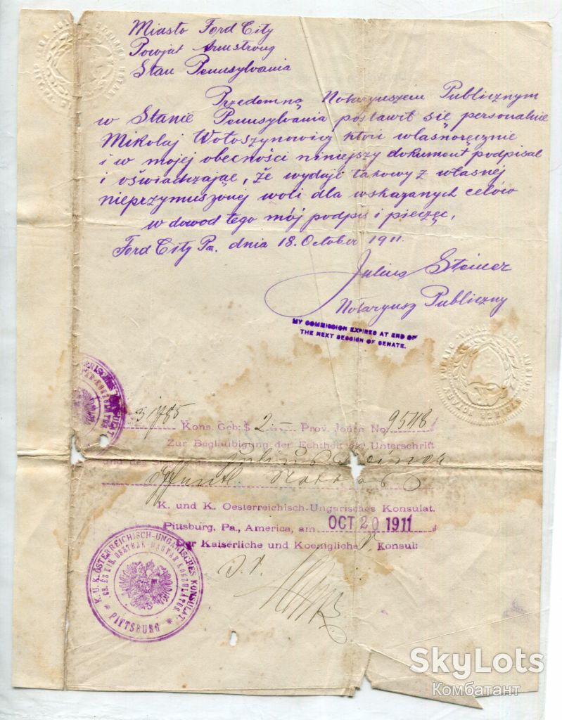 Документ консульства Австро-Угорщини в США, 1911. - фото фото фото 0