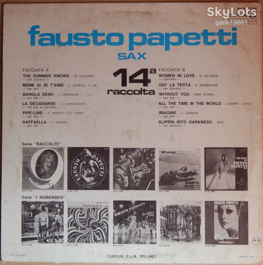 Fausto Papetti – 14a Raccolta  (Durium – ms A 77300, Italy) VG+/EX+ - фото фото фото 1