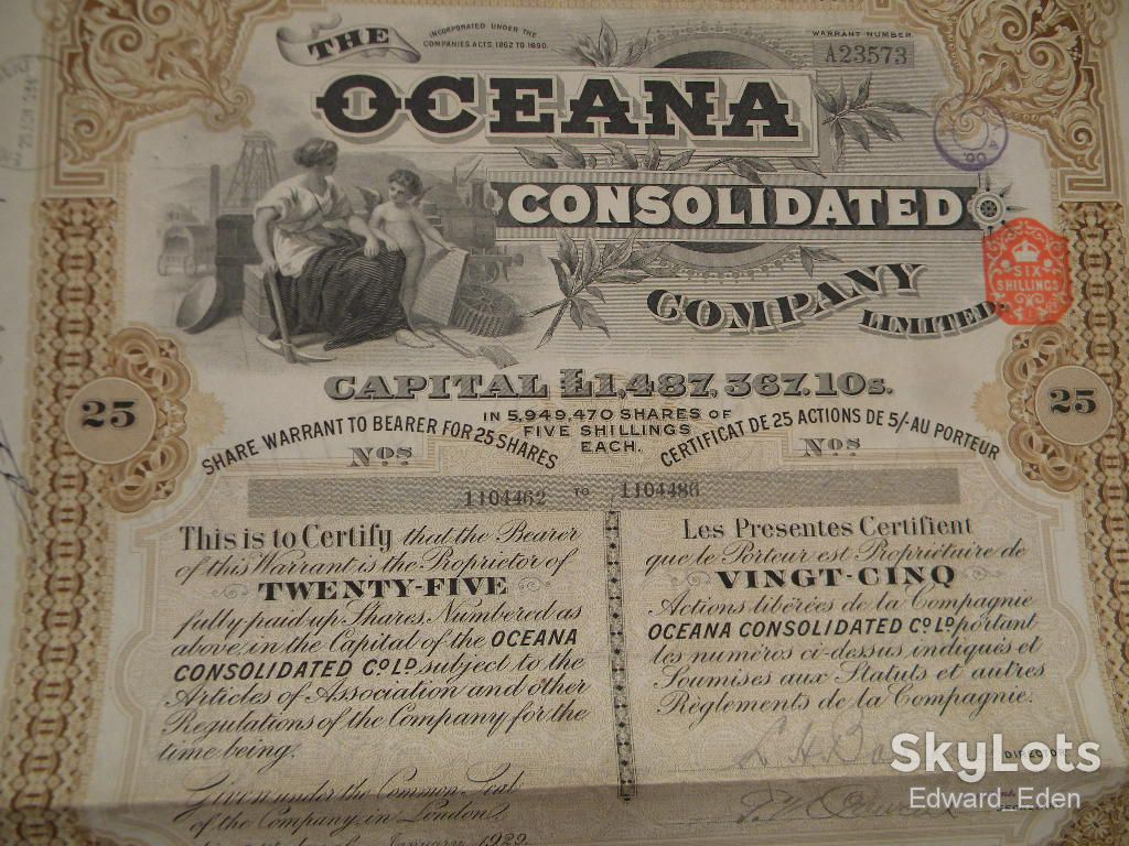 АКЦИИ "THE OCEANA CONSOLIDATED COMPANY LIMITED" - 25 АКЦИЙ – 1929 г. - фото фото фото 1