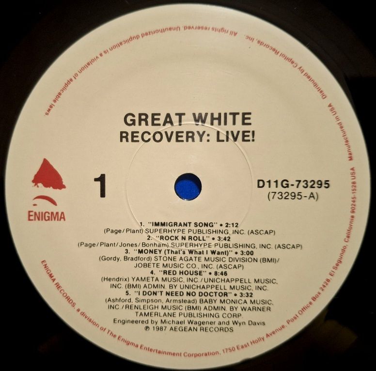 Great White - Recovery: Live! - 1983-86.  (LP). 12. Vinyl. Пластинка. USA. - фото фото фото 2