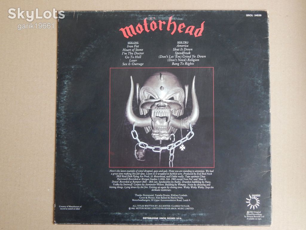 Motörhead ‎– Iron Fist  (Bronze ‎– BROL 34539, Italy) insert EX+/NM- - фото фото фото 1