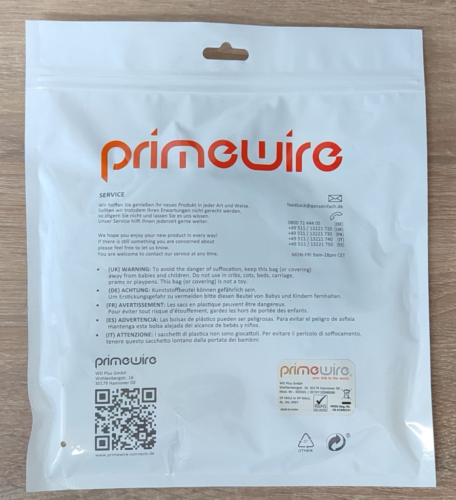 Кабель DisplayPort 1.2  4K 60Hz PrimeWire 2m сірий     (303501), новий - фото фото фото 4