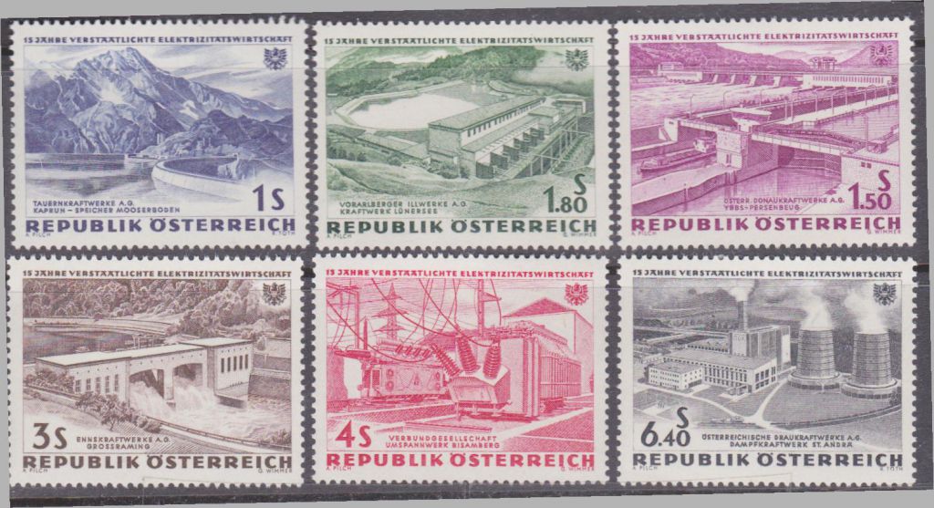 Австрия 1962 ЭЛЕКТРИФИКАЦИЯ ДАМБА ПЛОТИНА ГЭС ЛЭП ТРАНСФОРМАТОР ПРОМЫШЛЕННОСТЬ Mi.1103-1108** - фото фото фото 0