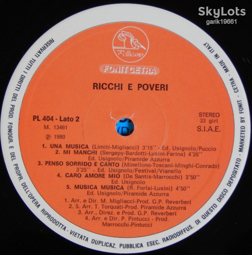 Ricchi &amp; Poveri – Ricchi &amp; Poveri  (Fonit Cetra – PL 404, Italy) VG+/NM- - фото фото фото 3