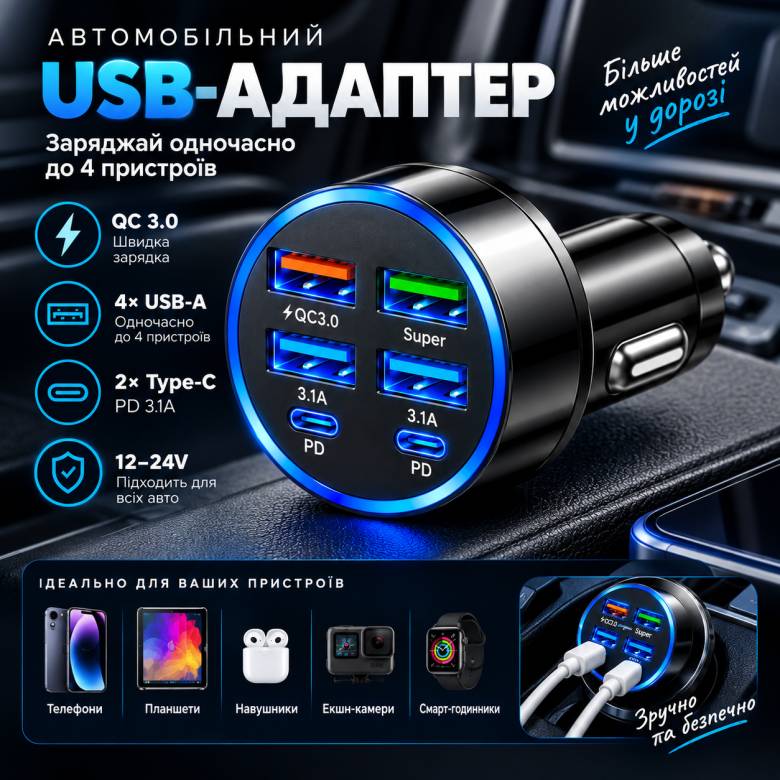 Автомобильное зарядное устройство 6-в-1 PowerHub 100Вт (4USB + 2PD) - фото фото фото 7