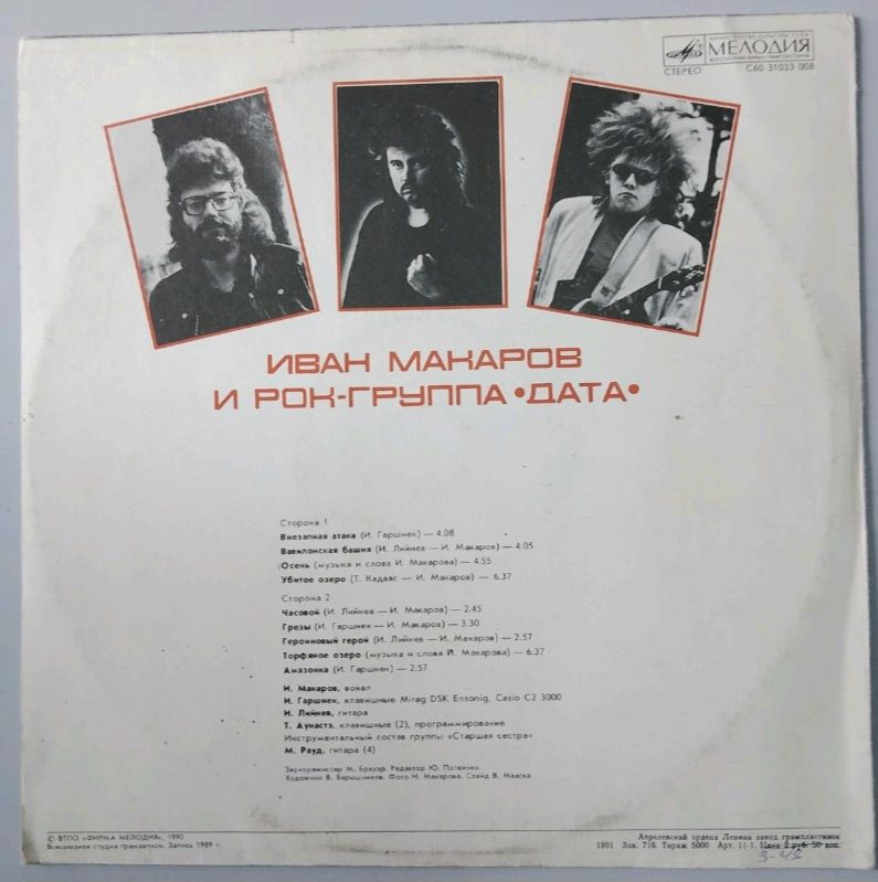 Иван Макаров и Группа Дата - Озёра - 1989.  (LP). 12. Vinyl. Пластинка. - фото фото фото 1