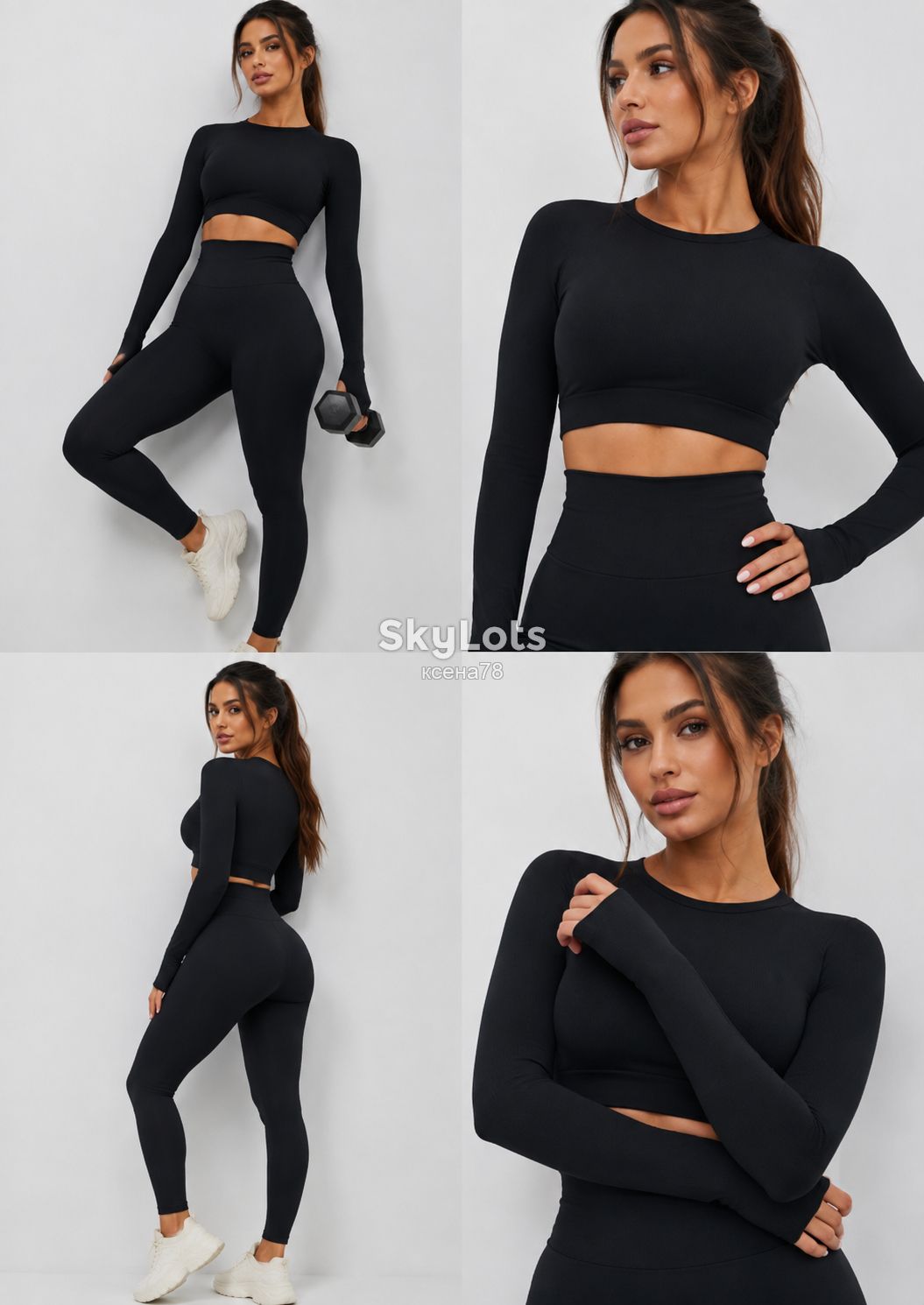 Кроп-топ лонгслів Longsleeve з отворами для пальців, Black-Black  Розмір L/XL - фото фото фото 4