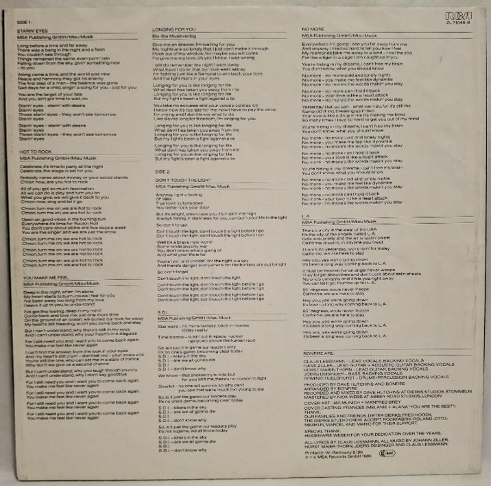 Bonfire - Don't Touch The Light - 1986.  (LP). 12. Vinyl. Пластинка. EEC. - фото фото фото 3
