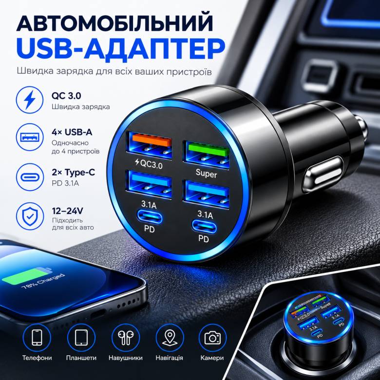 Автомобильное зарядное устройство 6-в-1 PowerHub 100Вт (4USB + 2PD) - фото фото фото 1