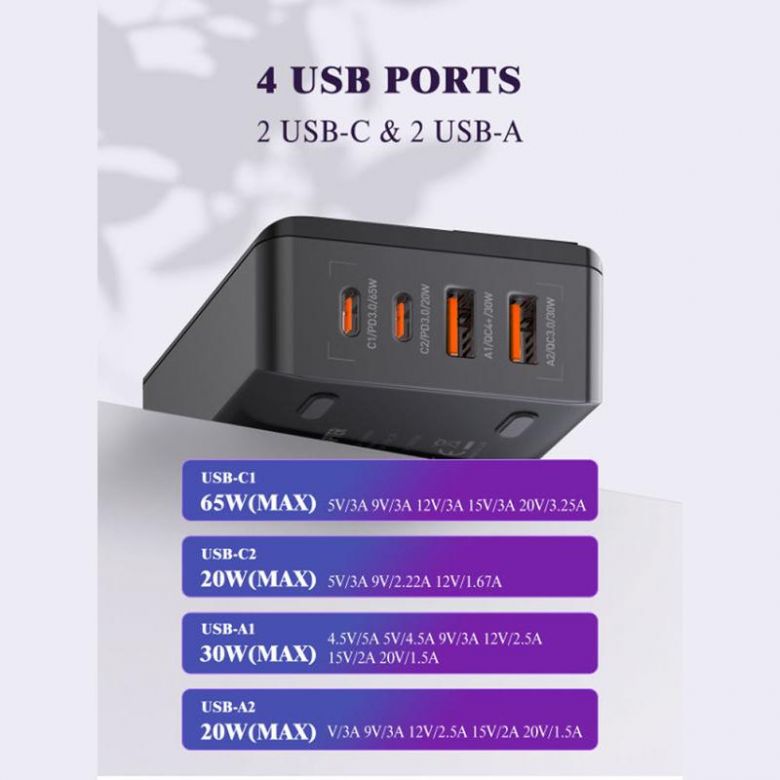 Зарядний пристрій LDNIO A4808Q 2 USB-C + 2 USB-A 65W Чорний - фото фото фото 1