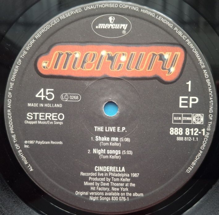Cinderella - The Live E.P. - 1987.  (EP). 12. Vinyl. Пластинка. Netherlands. - фото фото фото 2