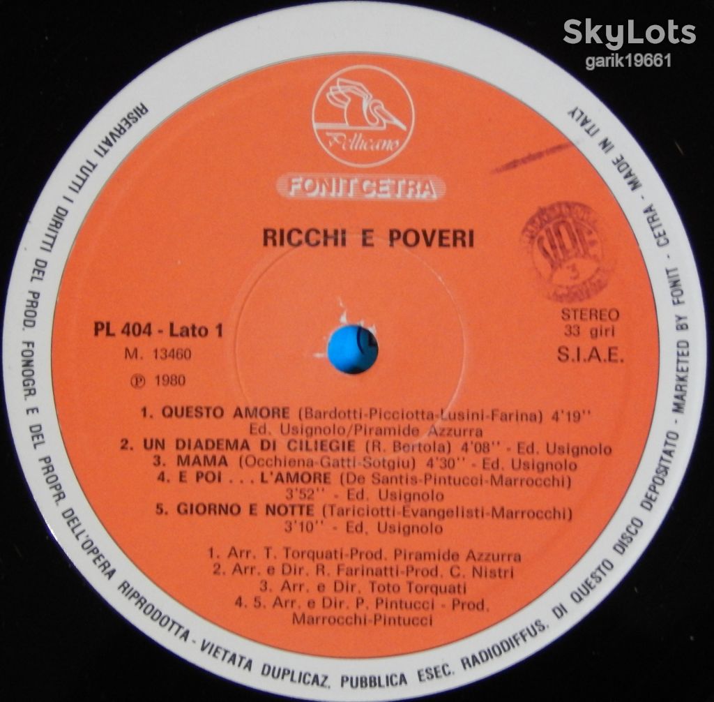 Ricchi &amp; Poveri – Ricchi &amp; Poveri  (Fonit Cetra – PL 404, Italy) VG+/NM- - фото фото фото 2