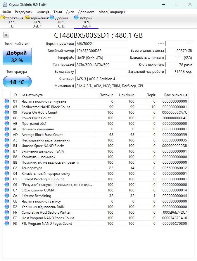 480Gb SSD Crucial BX500  2.5" SATA 32% - фото фото фото 1