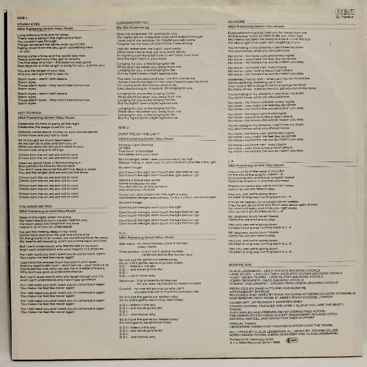 Bonfire - Don't Touch The Light - 1986.   (LP). 12. Vinyl. Пластинка. Germany. - фото фото фото 3