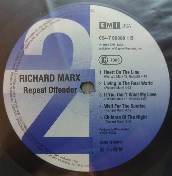 Richard Marx - Repeat Offender - 1989.   (LP). 12. Vinyl. Пластинка. EEC. - фото фото фото 5