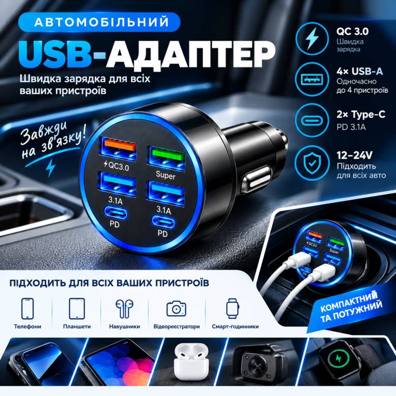 Автомобильное зарядное устройство 6-в-1 PowerHub 100Вт (4USB + 2PD) - фото фото фото 6