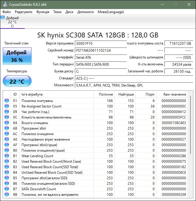 SSD диск 2.5 SATA 128GB SK Hynix 36% - фото фото фото 1