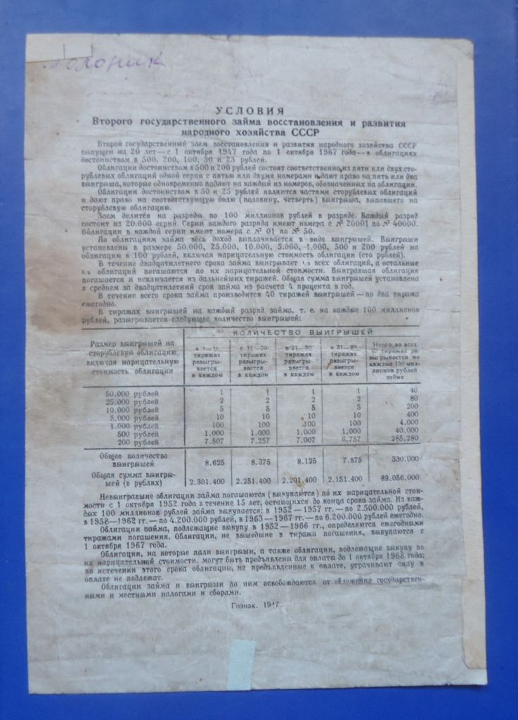 ОБЛИГАЦИЯ  СССР 2й ГОСУД ЗАЕМ ВОССТАНОВЛЕН И РАЗВИТИЯ НАРОДН ХОЗ-ВА  100 РУБЛЕЙ 1947 - фото фото фото 1