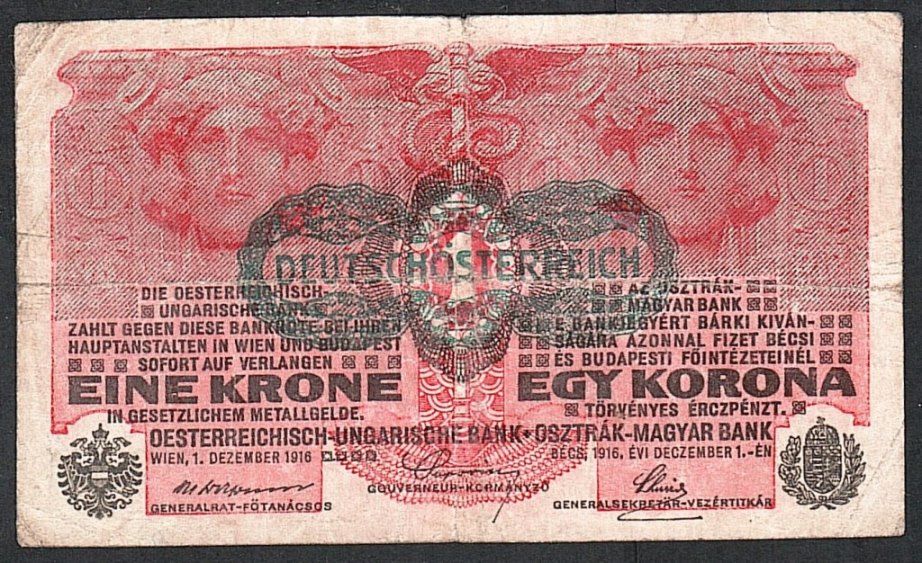 Австрия  (1919) 1 крона. P-49. Надпечатка DEUTSCHÖSTERREICH - фото фото фото 0