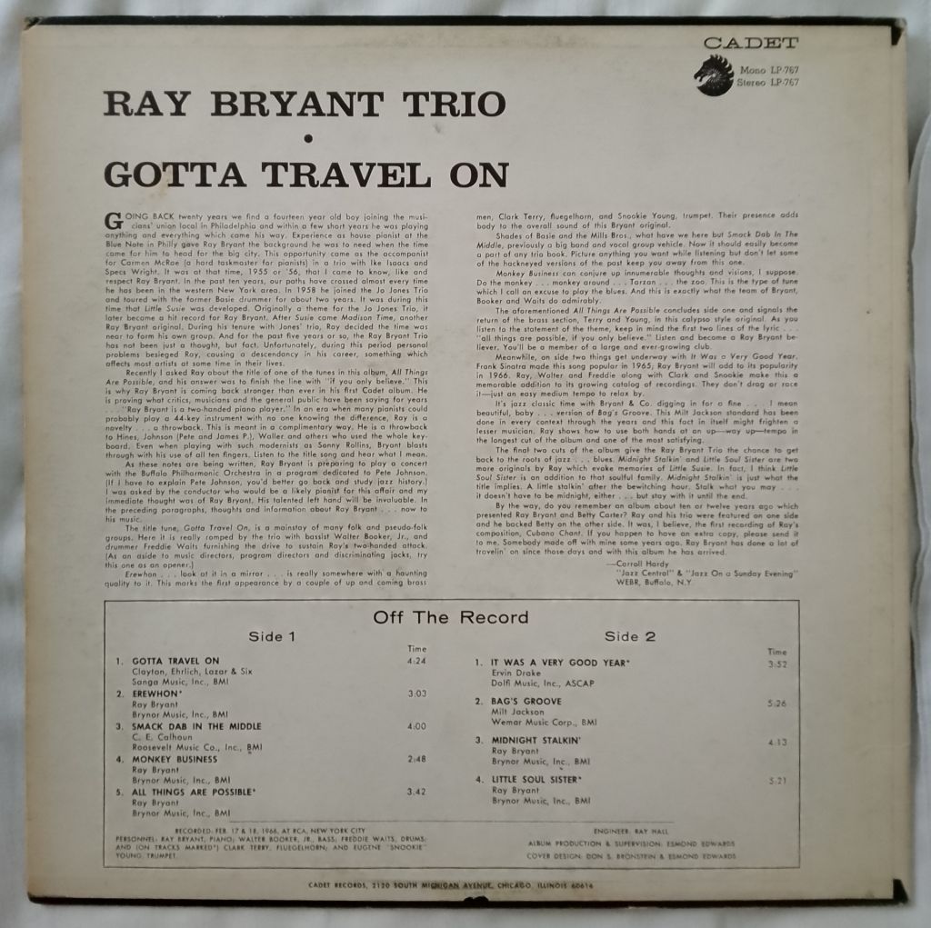 Ray Bryant Trio ‎– Gotta Travel On  (1966, Cadet ‎– LPS-767, Pitman Pressing, US) - фото фото фото 1
